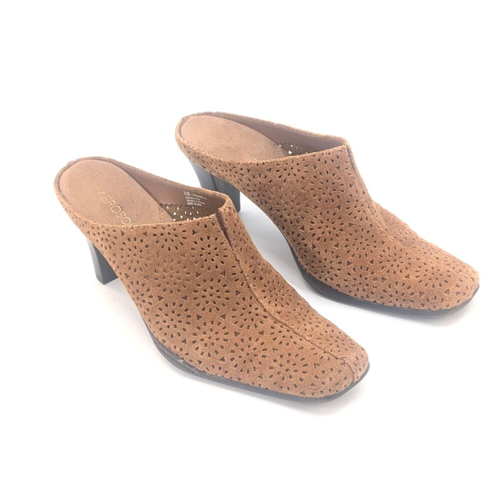 Aerosoles Cinnariffic Brown Leather Slip on Square Toe Eyelet Heel Mule Size 8.5
